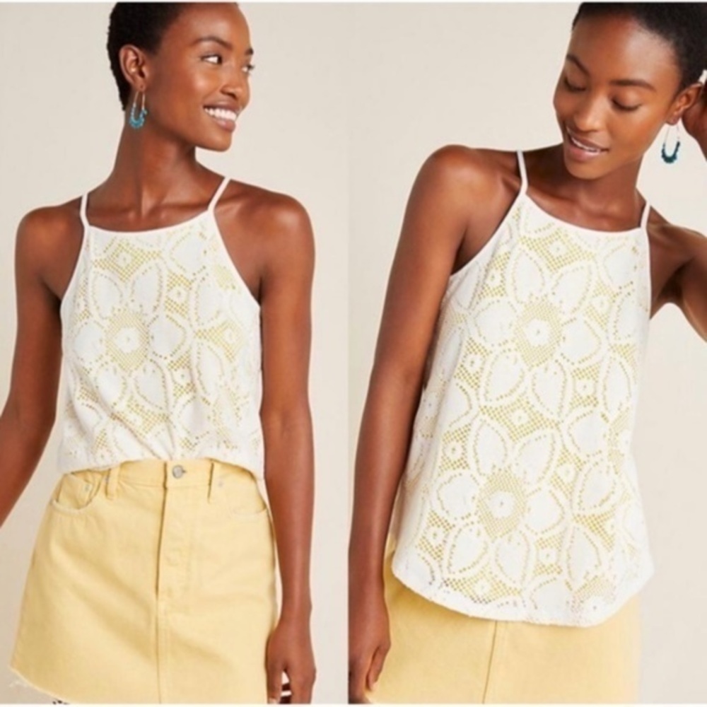 Anthropologie White and Yellow Lace Tank Top